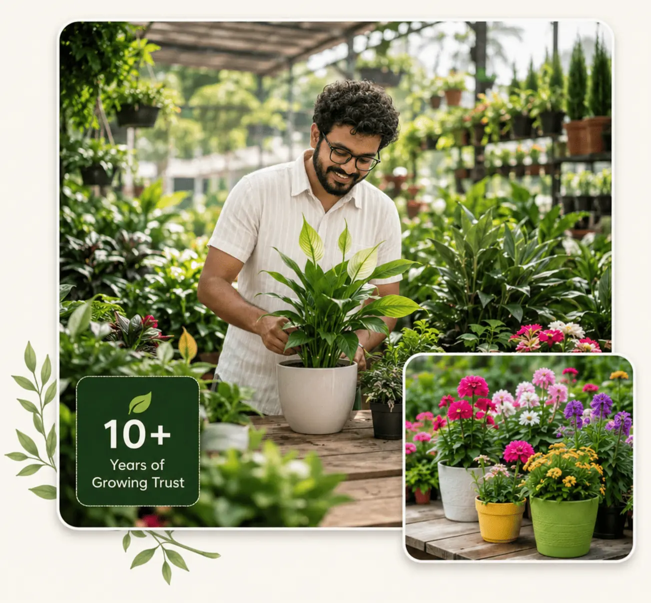 A gardener caring for healthy plants at Aashvi Nursery