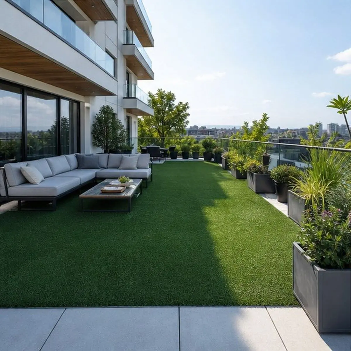 Artificial grass installed on a modern terrace garden