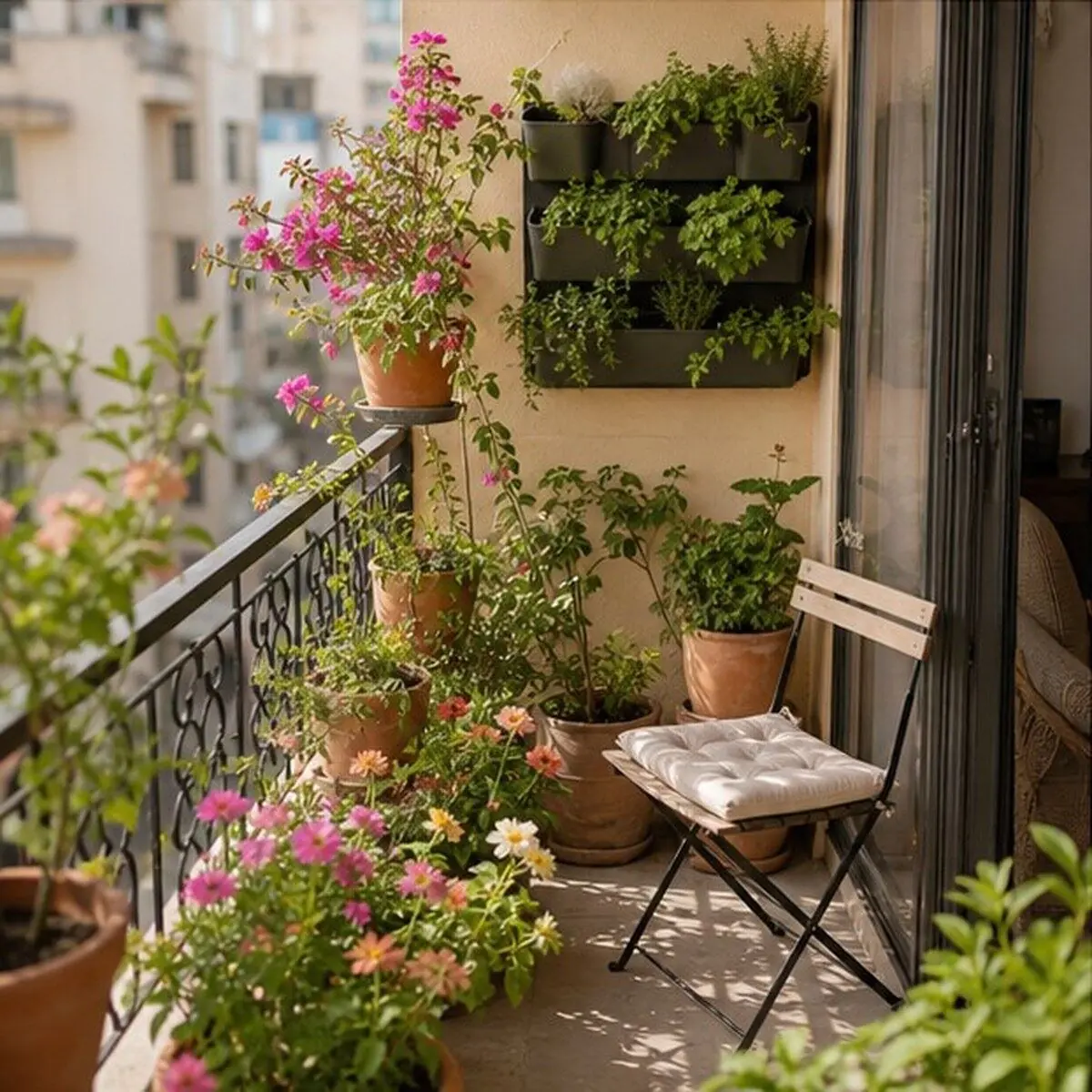 Compact apartment balcony garden with flowers and vertical planters
