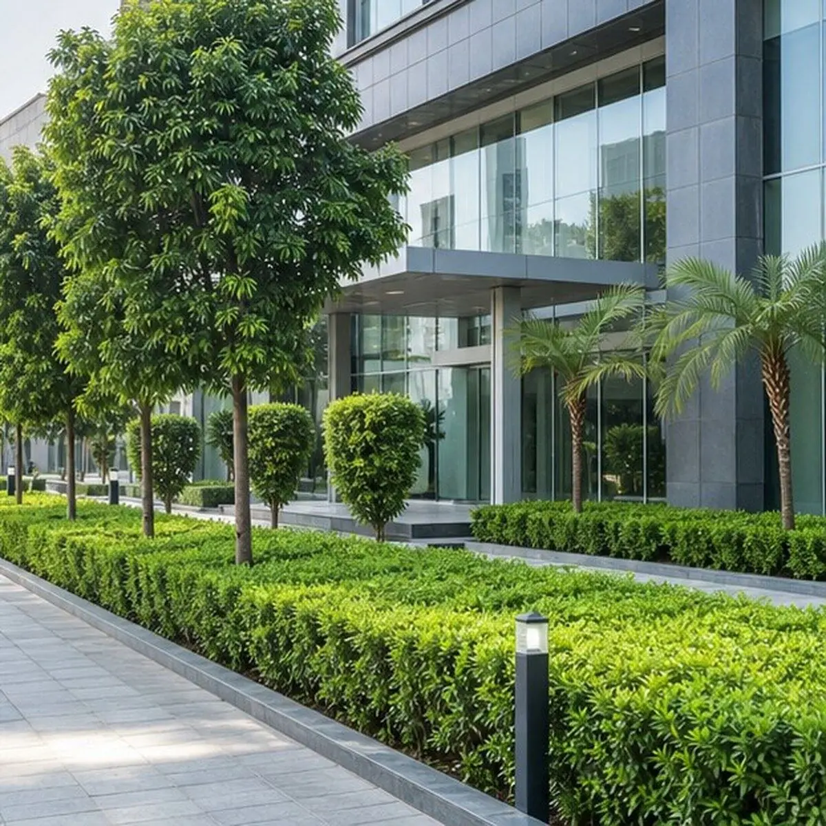 Professional commercial landscaping at an office entrance