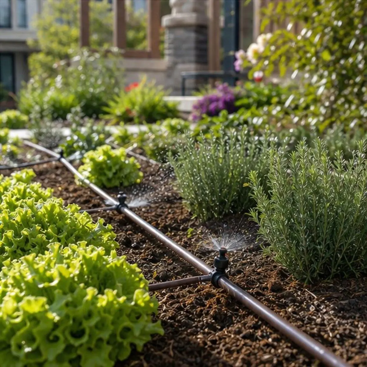 Drip irrigation system watering organized garden beds