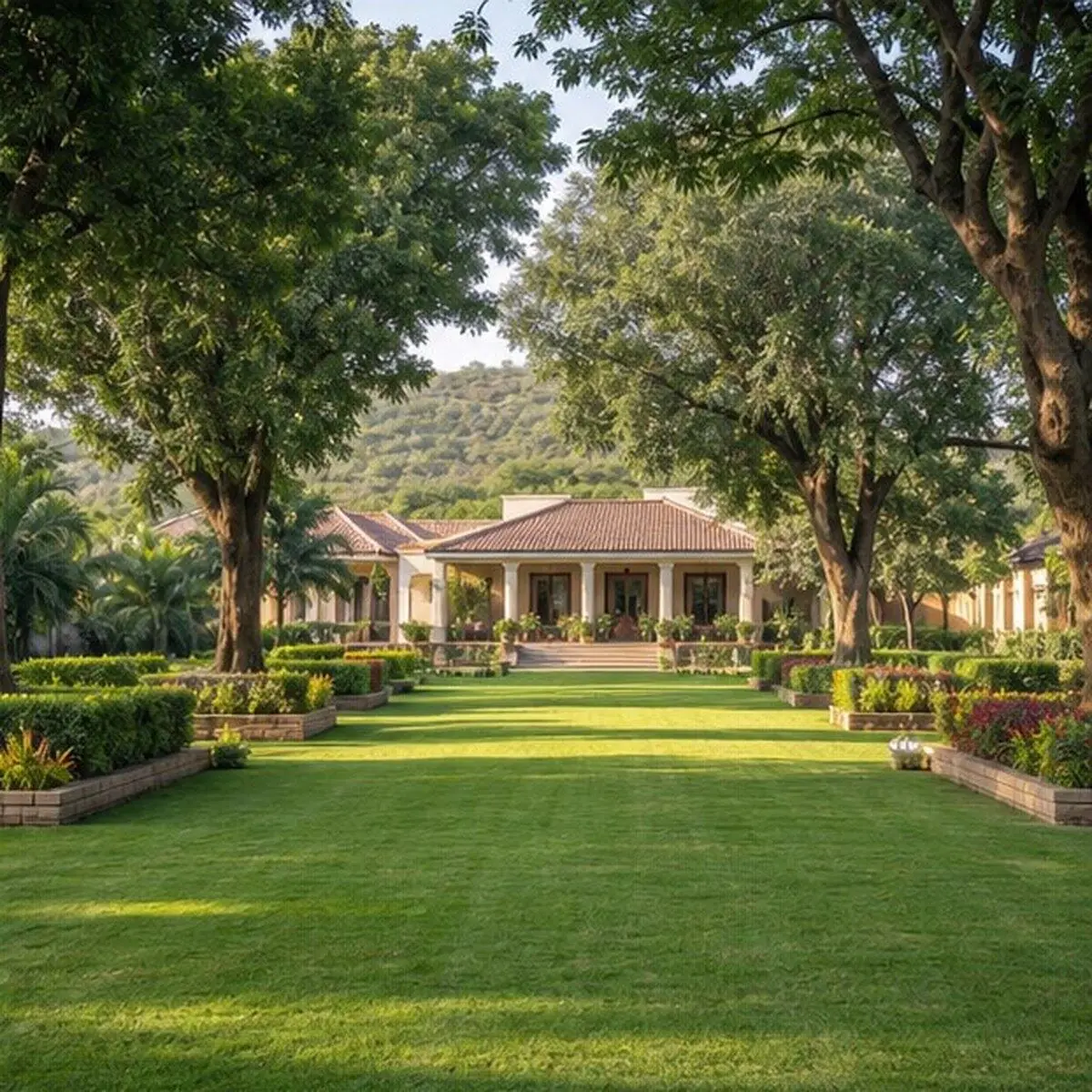 Spacious farmhouse landscaping with lawn and mature trees