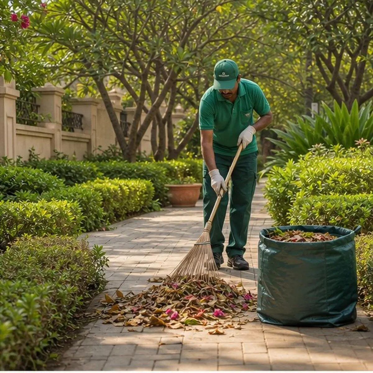 Garden cleaning service removing dry leaves and plant debris