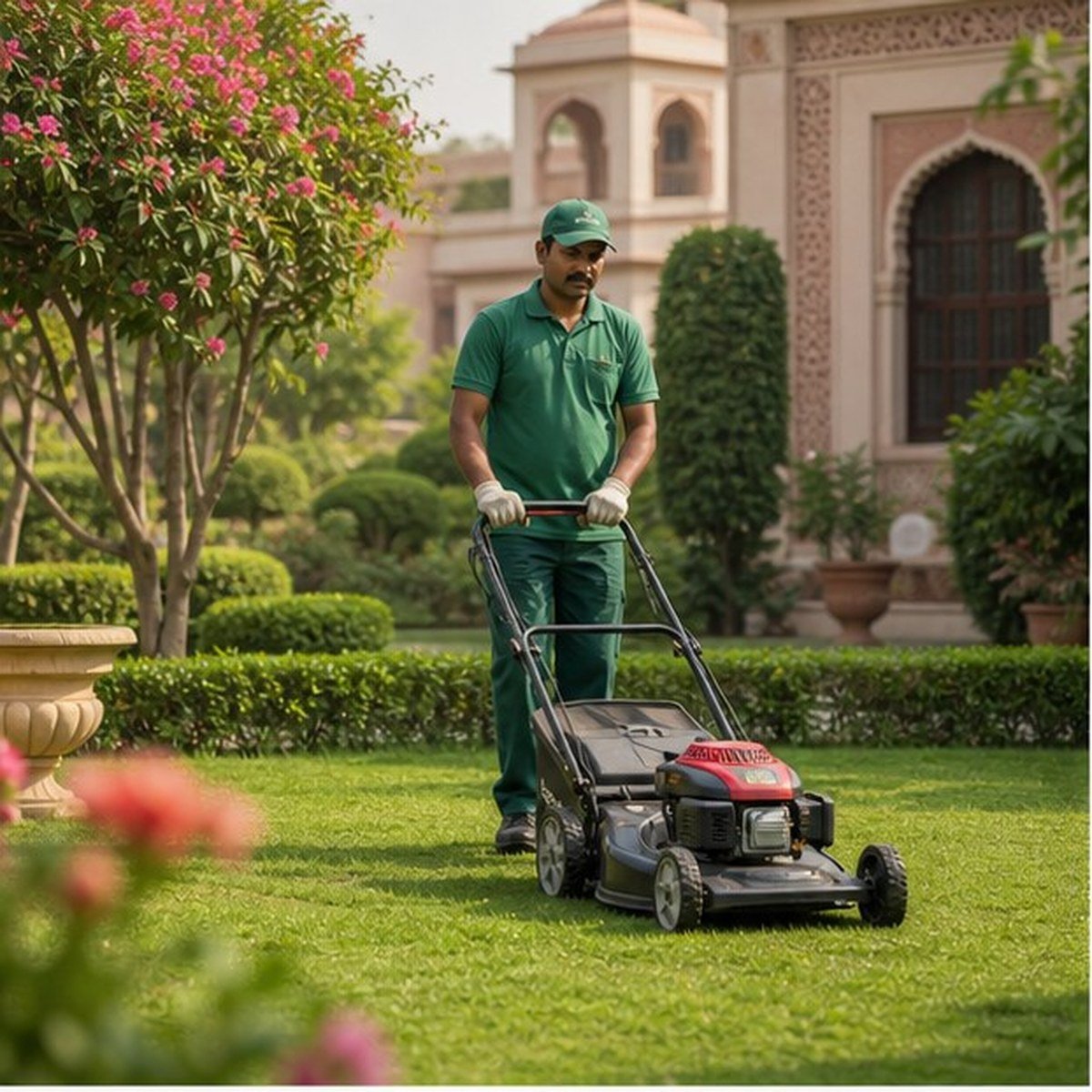 Professional gardener maintaining a landscaped lawn in Jaipur