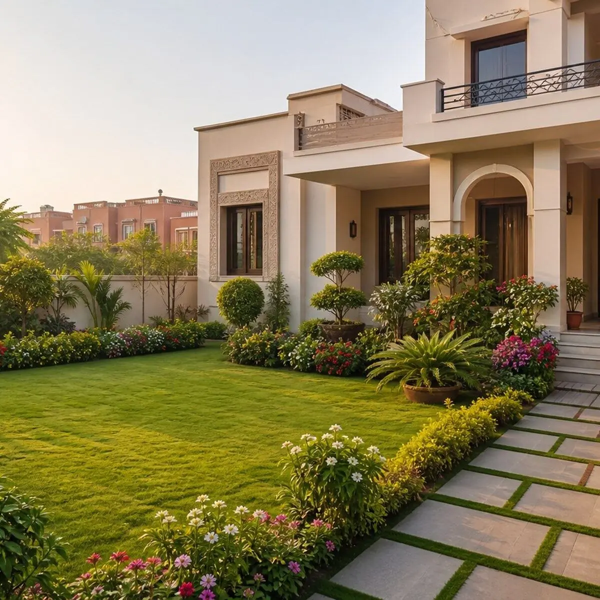 Beautiful landscaped garden at a modern home in Jaipur