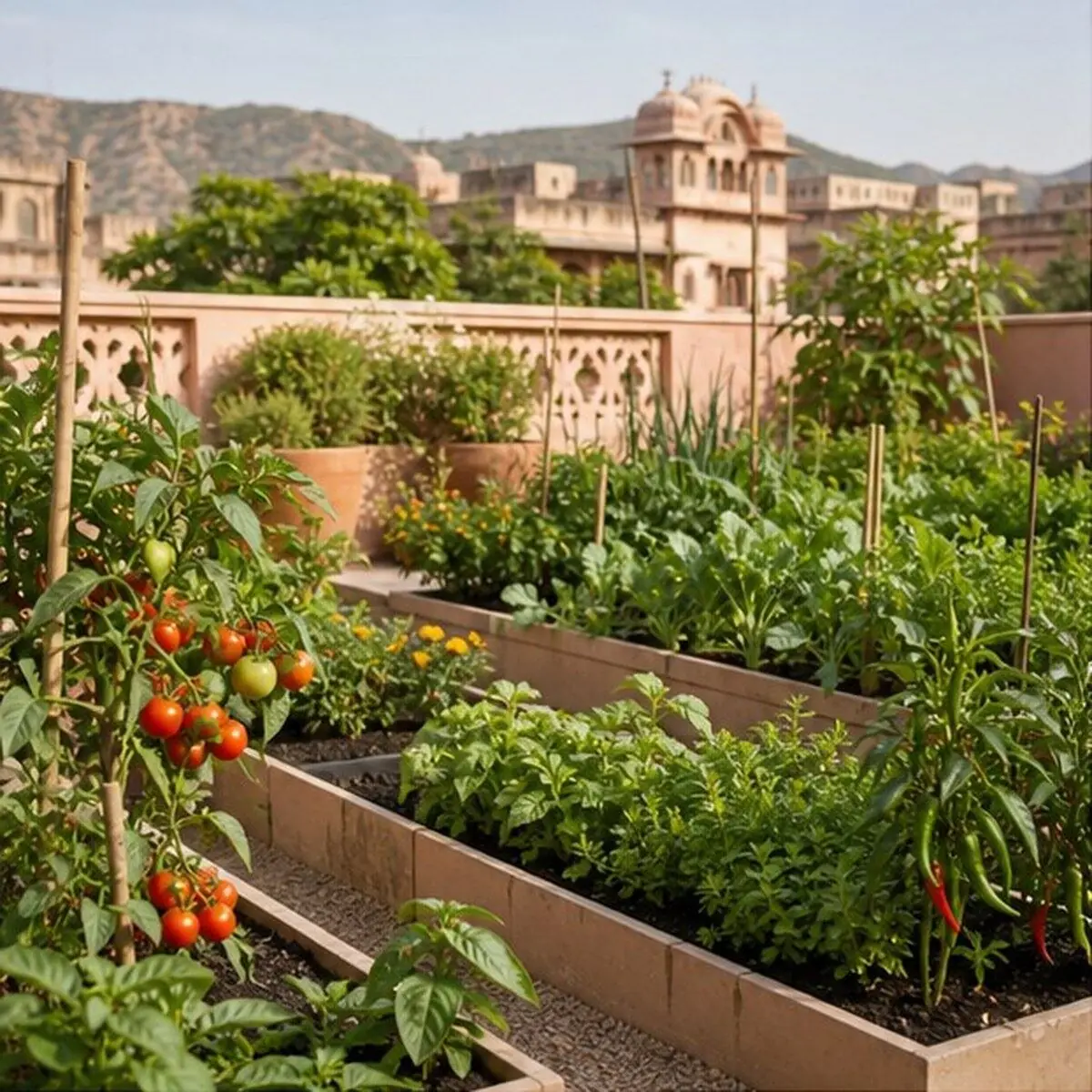 Productive home kitchen garden with vegetables and herbs in Jaipur