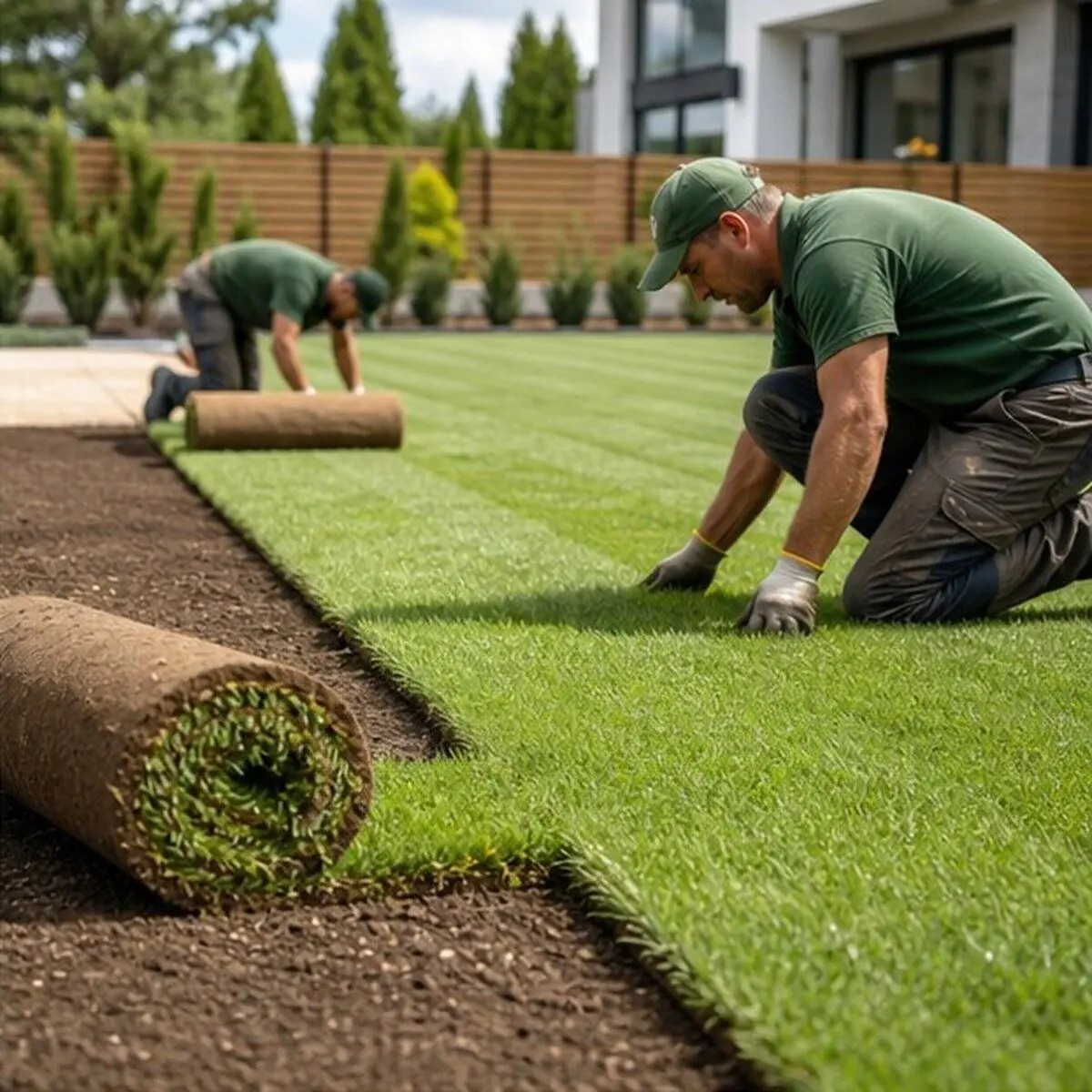 Natural grass lawn installation on prepared ground