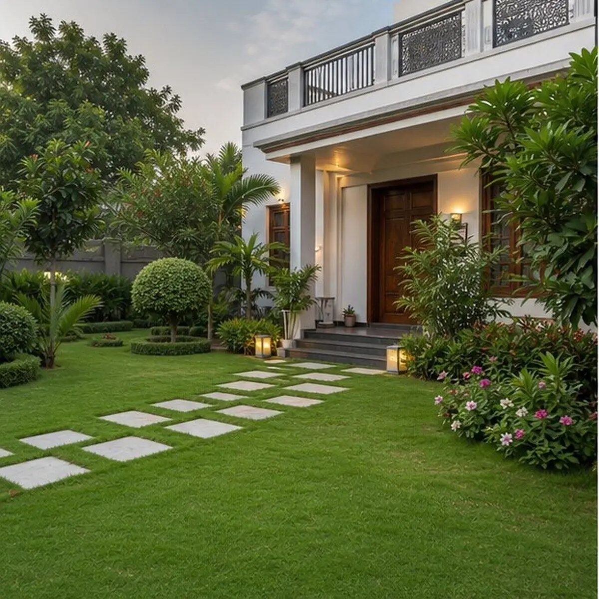Residential landscaping with lawn and flower beds at a modern home