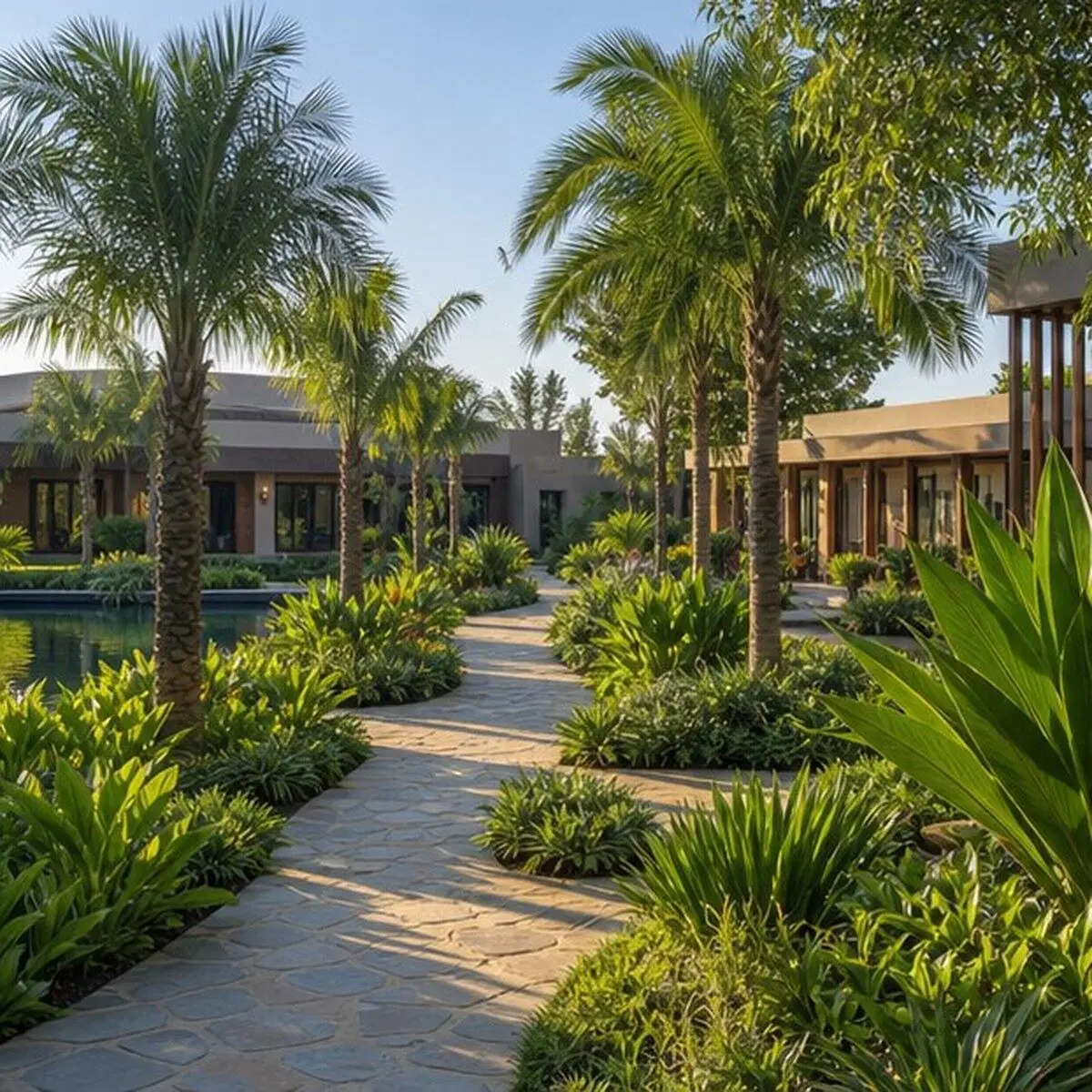 Premium resort landscaping with palms and guest pathways