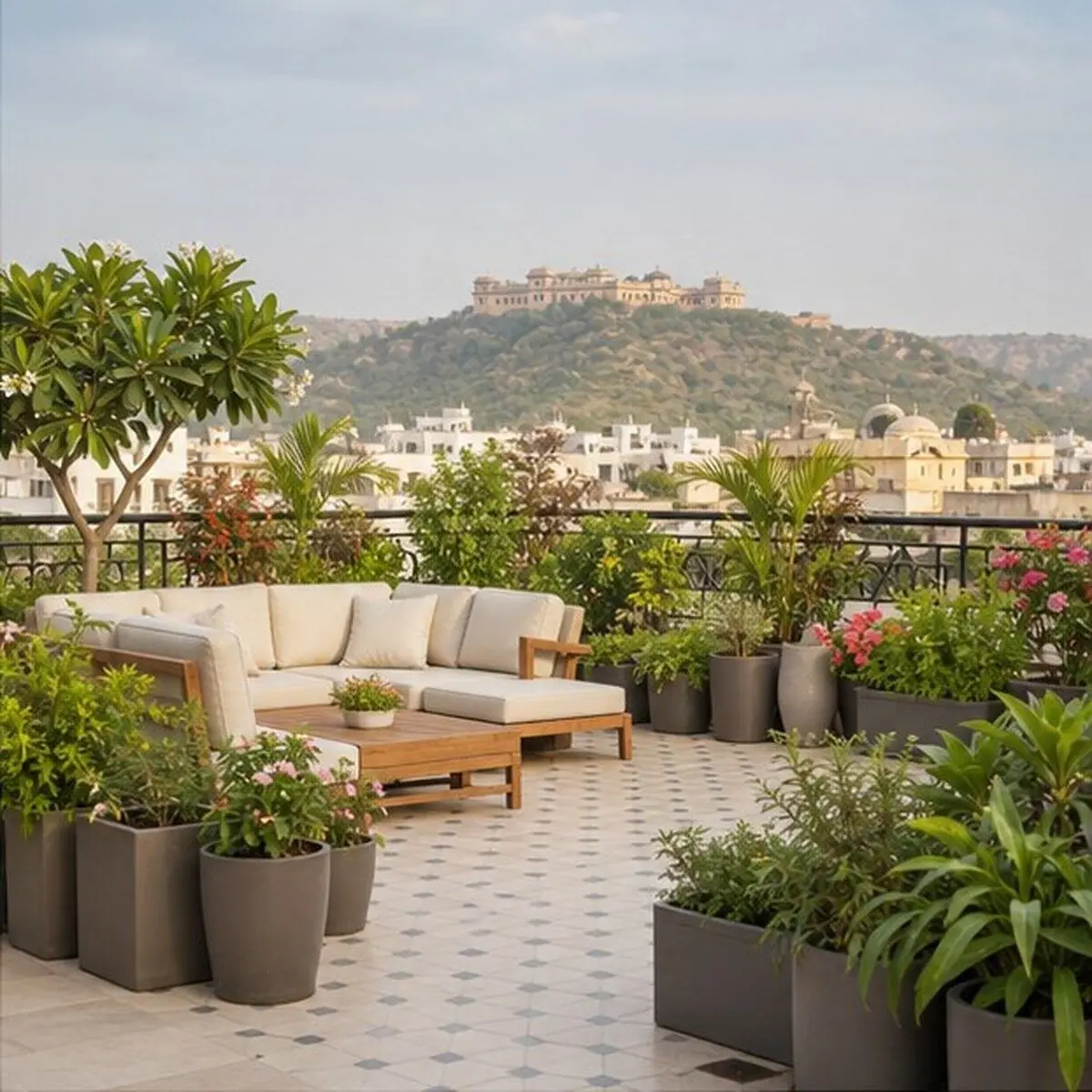 Landscaped terrace garden with planters and seating in Jaipur