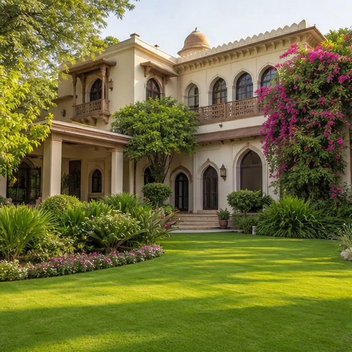 Luxury villa landscaping with lawn and layered plantation in Jaipur
